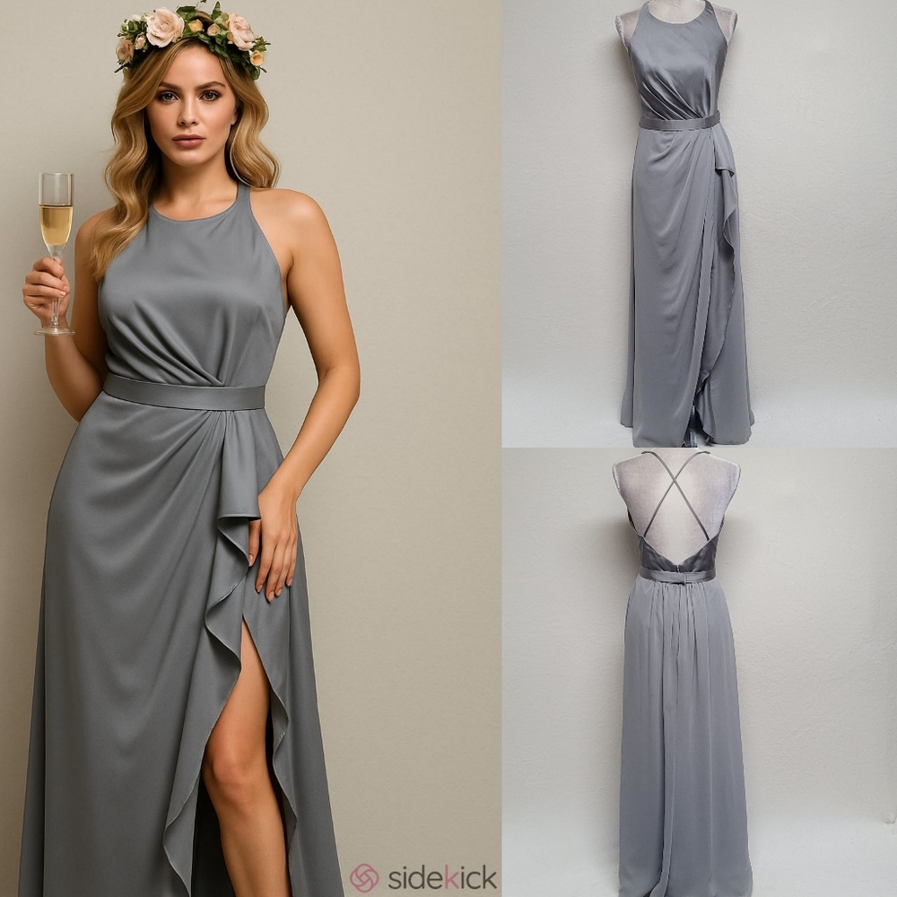 White by Vera Wang Mercury Charmeuse Chiffon Ruffled Racerback Maxi Dress 10